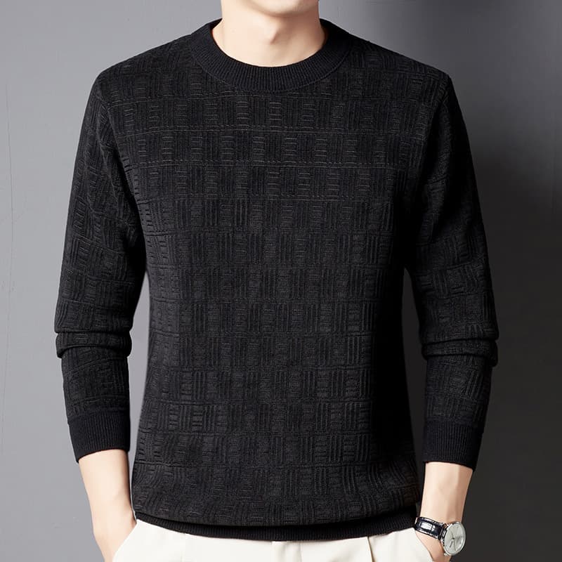 Men's Clothing Winter Men's Sweater Plus Velvet Thickened Jacquard Plaid All In One Velvet Warm Top Solid Color Round Neck Bottoming Sweater