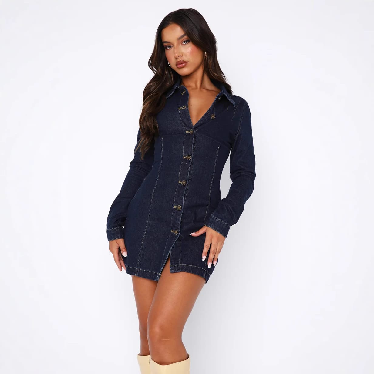 Vintage Wash Denim Long Sleeve Shirt For Women – Comfortable Stretch Polyester, Classic Crew Neck, Casual & Office Wear (Dark Navy, S/M/L)