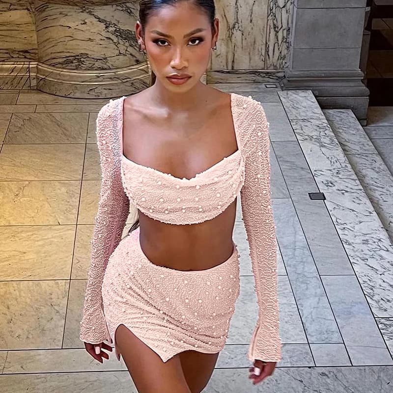 Women's Sexy casual party suit T-shirt female beaded design slit slim hip-wrapped long skirt