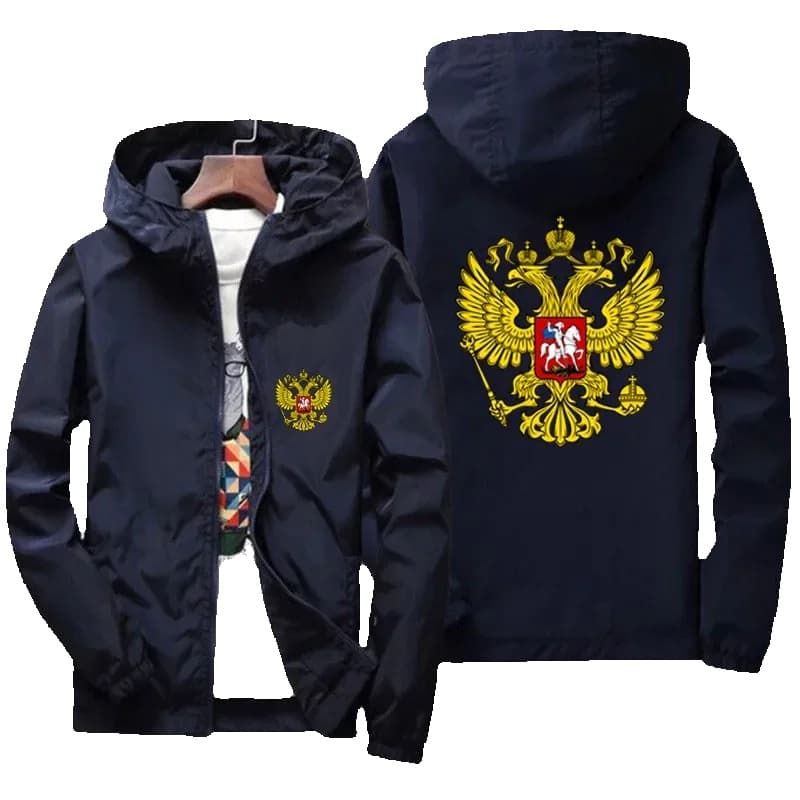 Men Coat Arms Of Russia Eagle Motorcycle Parkas Thin Windbreaker Windproof Bomber Zipper Hooded Jacket Plus Size New