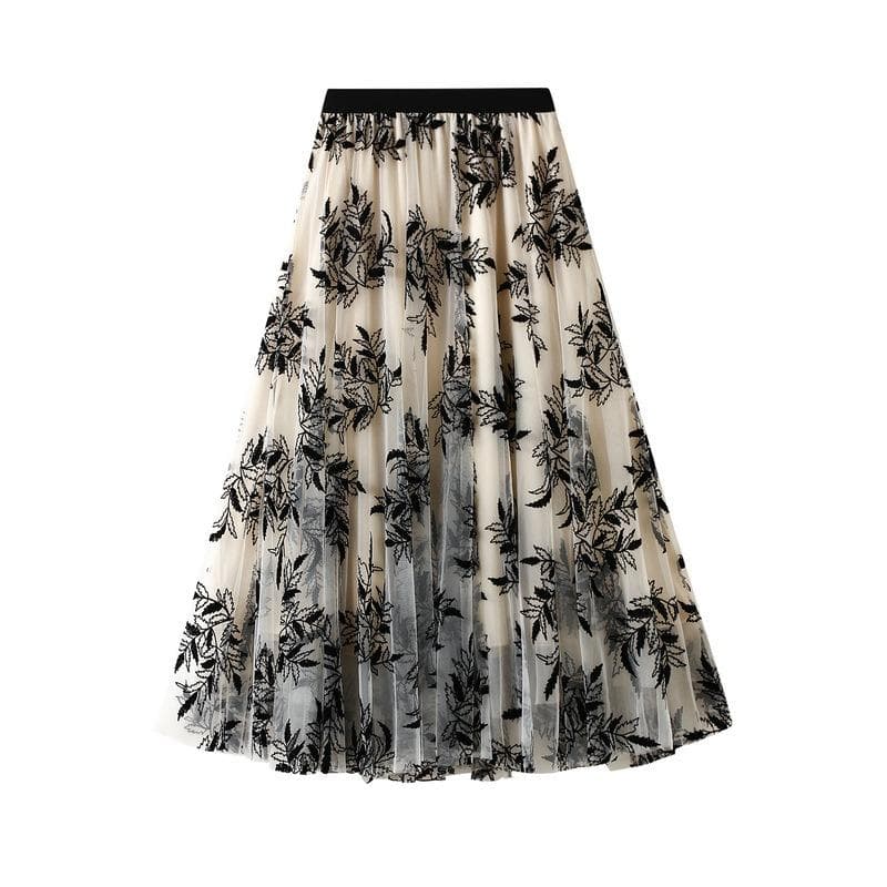 Flocking Printed Gauze Skirt Women's Skirt Autumn and Winter Medium Length A-shaped Pendulum Floral Mesh White Skirt Long Skirt 1819