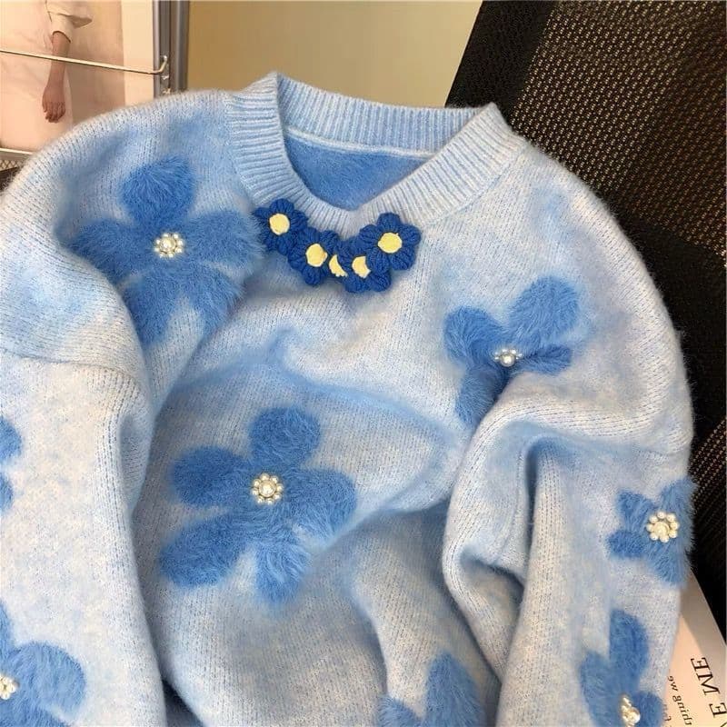 Women's Clothing Milk Blue Soft Waxy Sweater For Women Autumn And Winter 2024 New Beaded Flower Design Niche Fashion Sweet