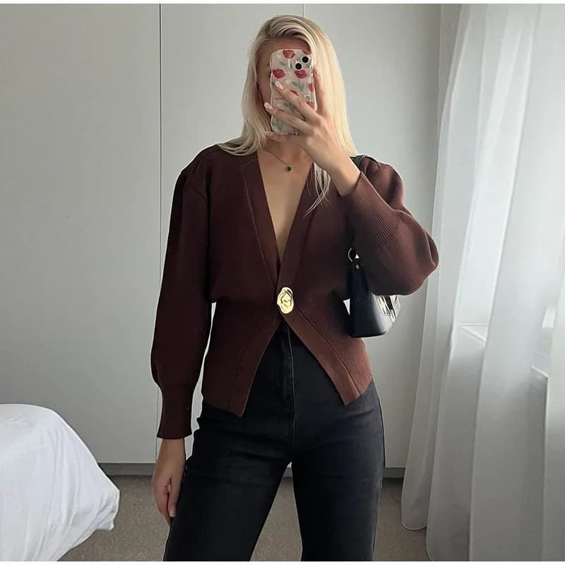 Button-Front V-Neck Knit Cardigan – Spring Women's Lightweight Cover-Up (Black/Tan/Burgundy, S-L)