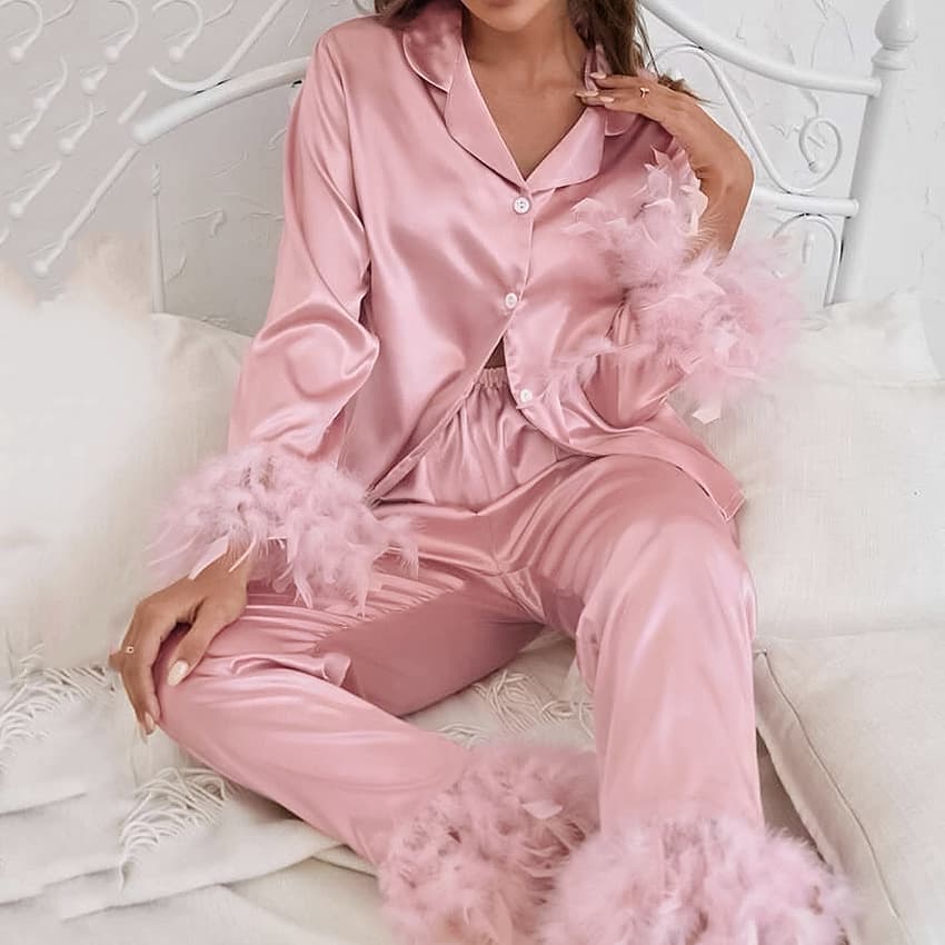 pink sweet fashion satin feather comfortable long-sleeved trousers pajamas two-piece set home wear