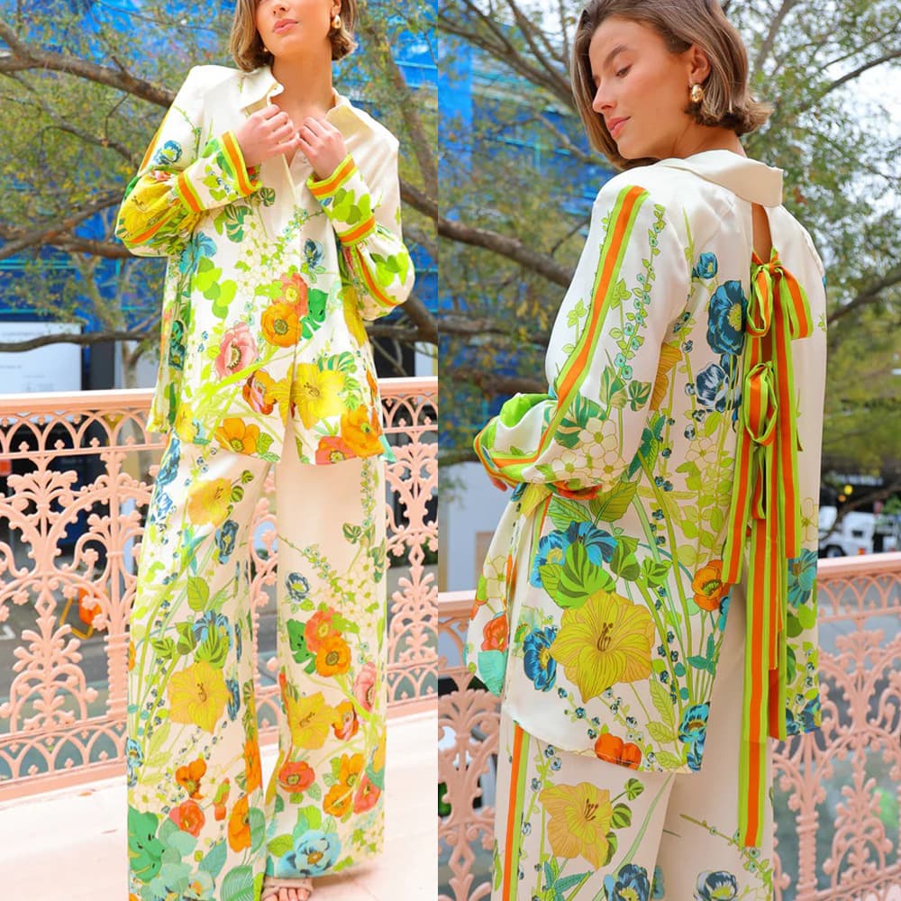 Women's Clothing new printed holiday long sleeved two piece suit INS loose casual trousers suit