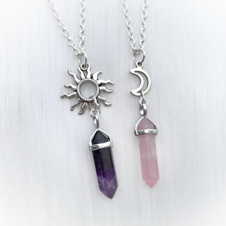 Necklaces 2-piece natural stone hexagonal column crystal pendant sun and moon charm best friend necklace