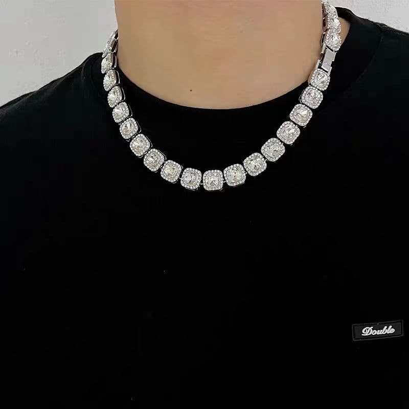 New Men's Square Glass Cuban Bracelet Necklace Rock Sugar Chain Hip Hop Style Trendy Men's Alloy