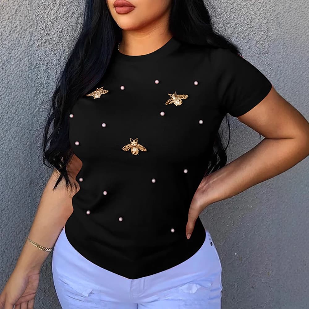 Women’s Clothing summer new products elastic beaded butterfly decoration round neck large size women's T shirt women's short sleeve