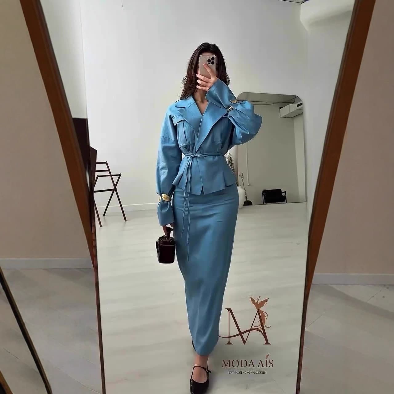 Women's Clothing Modest Set Elegant Long Sleeve Wrap Dress Set – Fall Office Chic, Stretch Polyester Blend, Adjustable Waist, Navy/Blush/White