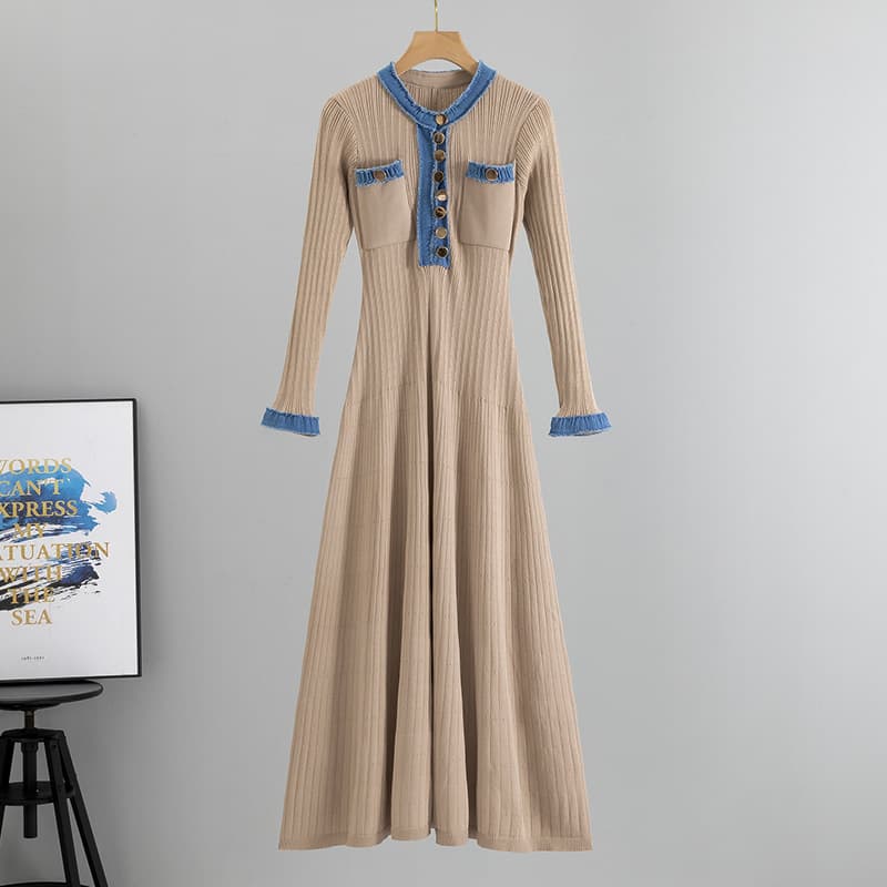 Women's Clothing Spring And Autumn Women's Clothing Temperament Slim Denim Splicing Contrast Color Long Sleeved Dress