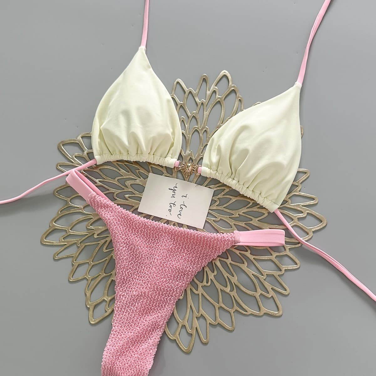 2026 Pink And White Color Block Bikini Tie-Up Swimsuit Girlish Style Alluring Thong Bikini Set for Vacation Regular Size