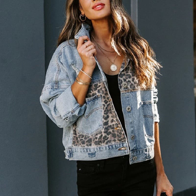 Women's Clothing denim jacket women's long sleeve denim jacket coat women's leopard print stitching