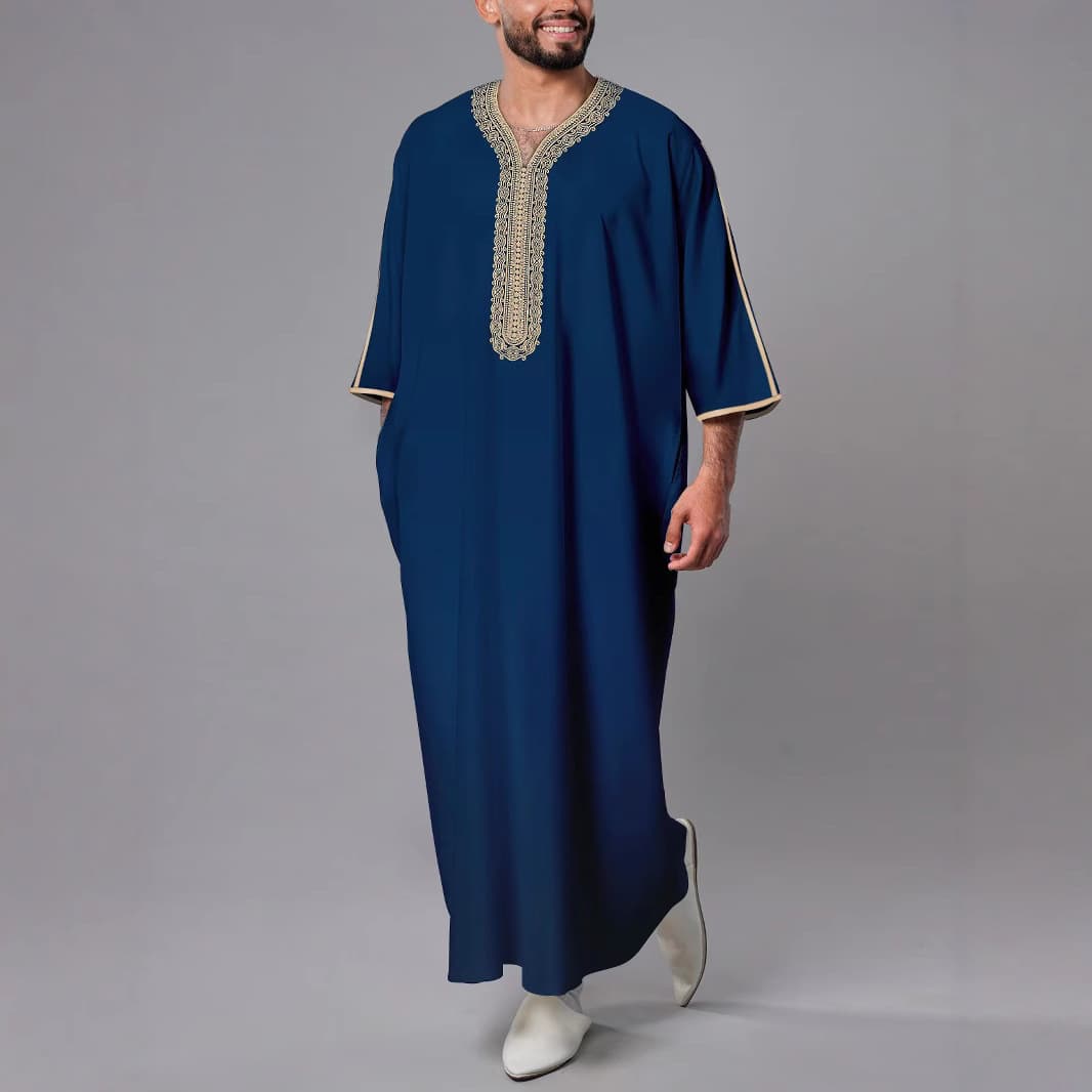 Men's Clothing New Muslim Mid Sleeve Embroidery National Style Moroccan Men's Robe Side Pockets