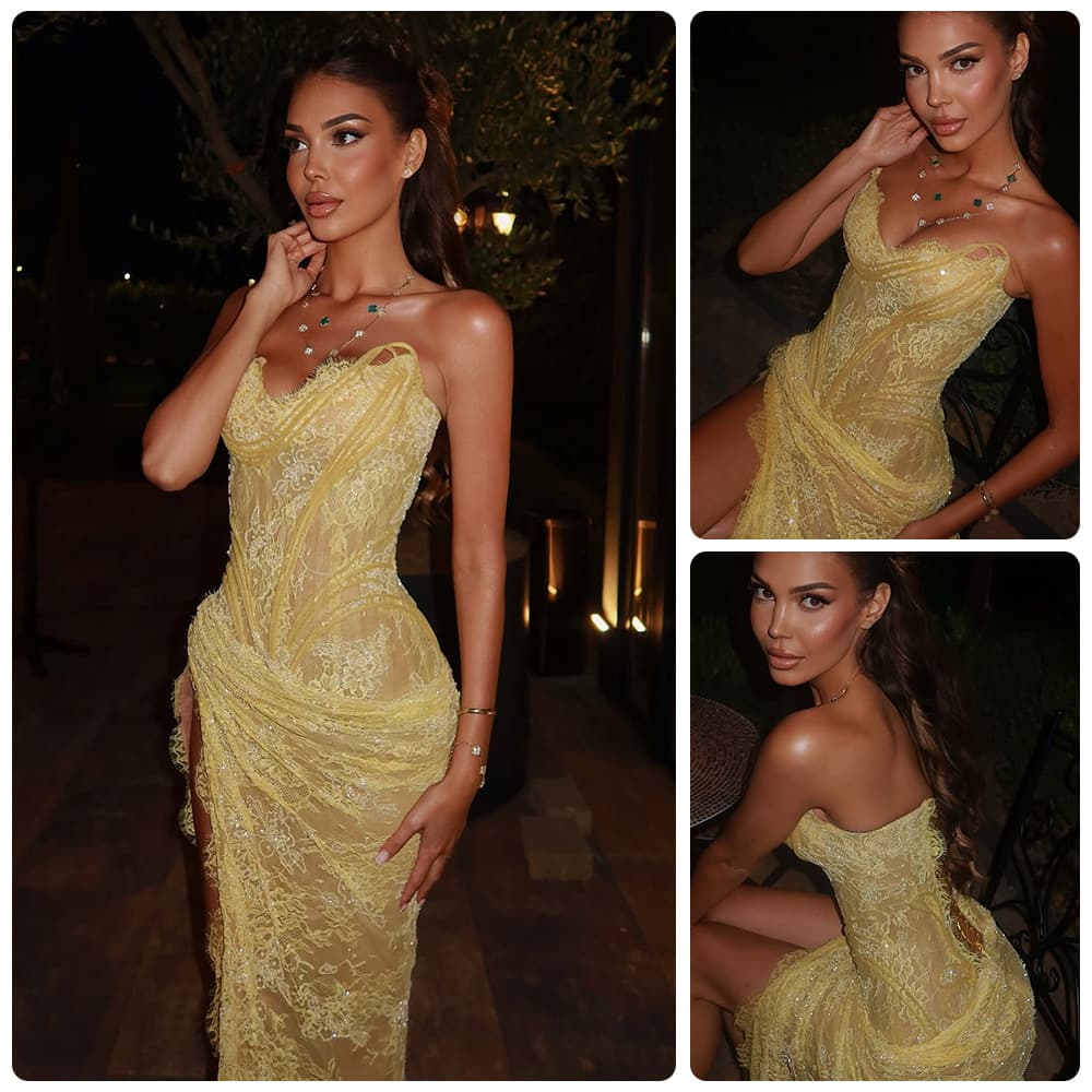 Luxury Light Yellow Strapless Lace Sequined Dress High Slit Heavy Duty Pleated Women's Gown