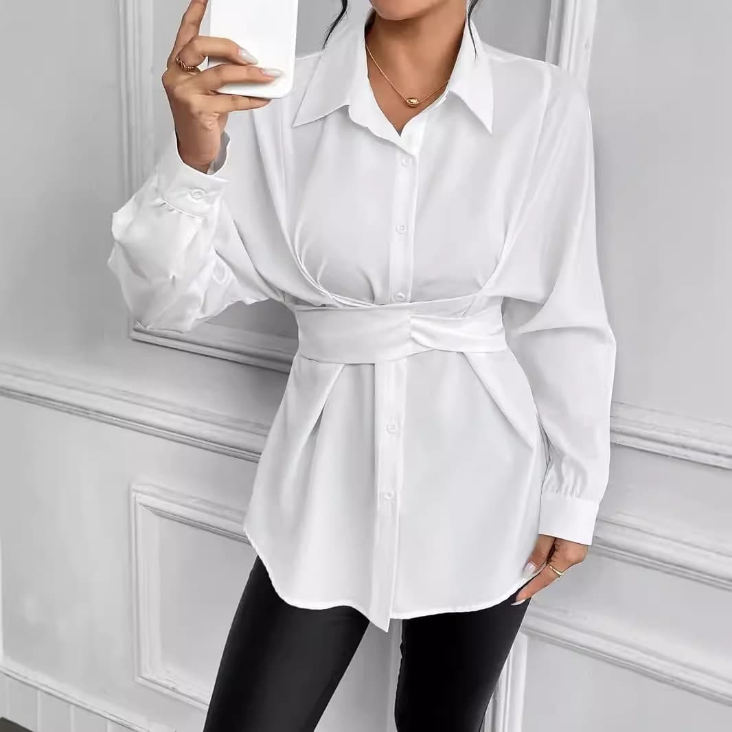 Women's Clothing Lapel Tie Bow Waist Slimming Shirt