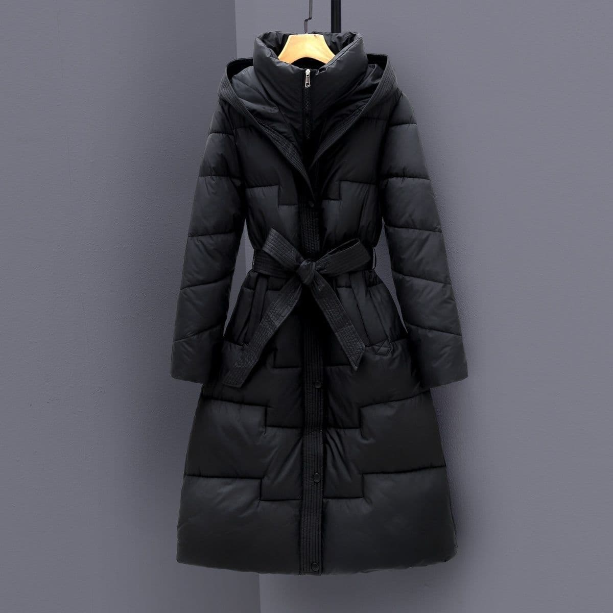 "Women's Longline Quilted Coat – Belted Polyester Parka With Stand Collar & 3D Textured Fabric (5 Sizes, Thermal-Lined)"