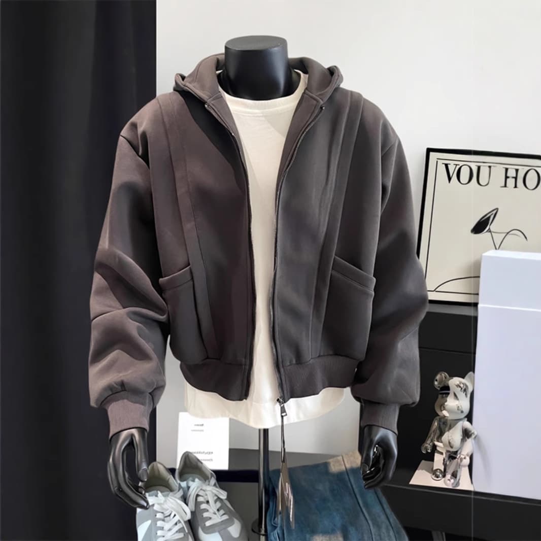 ​​Men's Heavyweight Paris Grey Zip-Up Hoodie - 400g Warm Patchwork Deconstructed Streetwear Jacket For Autumn & Winter​​