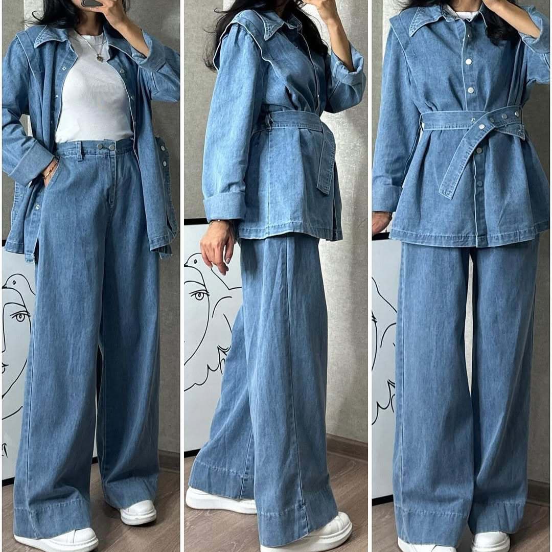 Women's Clothing New Women's Long Sleeved Denim Jacket Wide Leg Jeans Two Piece Set