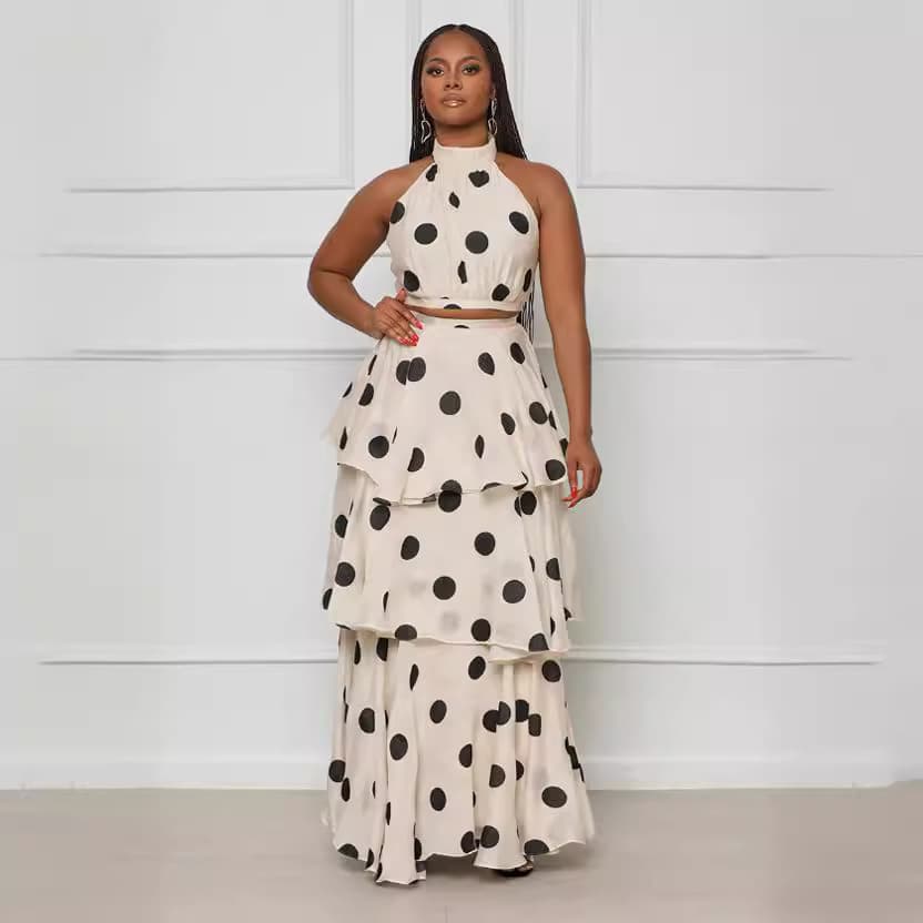 Women's Clothing Halter Neck Polka Dot High Waist Ruffled Fashionable Age Reducing Skirt Suit