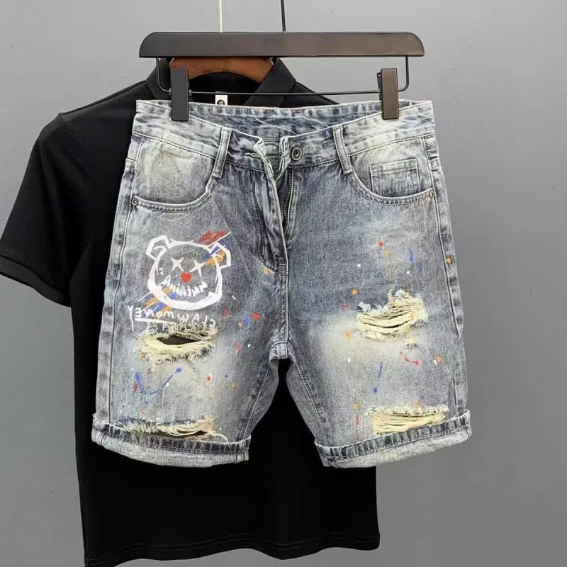 Men's Clothing Summer Thin Fashion Ripped Patch Denim Shorts Men's Trendy Brand All Match Cat Whisker Distressed Beggar Five Point Pants