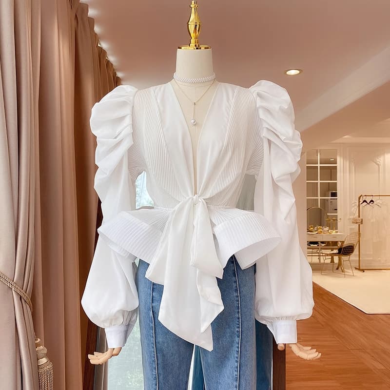 Women's Clothing Retro puff sleeve v neck shirt for women autumn design three dimensional ruffled lace up waist pleated short sleeved top