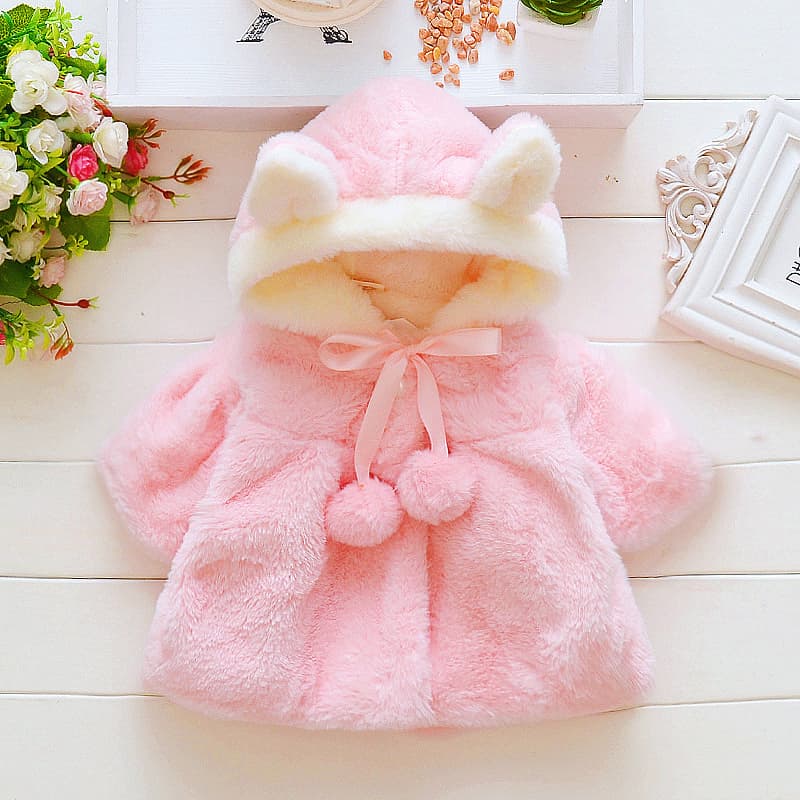 Winter Newborn Baby Girl Coat Warm Pink Rabbit Ears Hooded Coat Cute Velvet Thick Coat For Baby