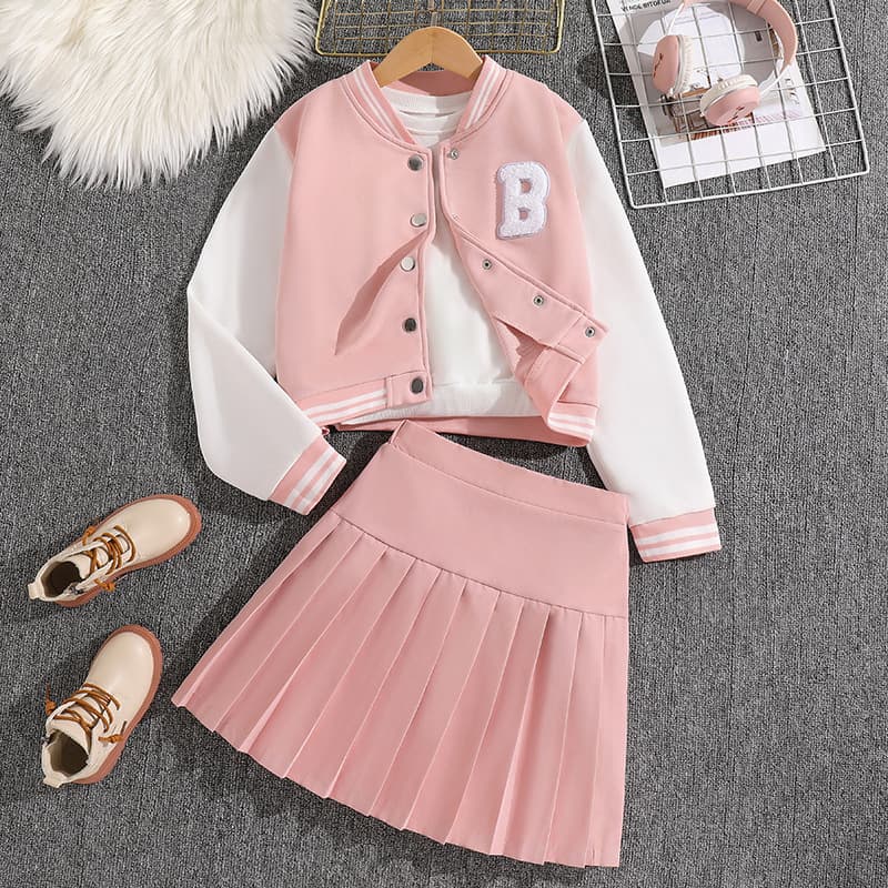 Girls' Spring and Autumn Sports Set 2024 New Korean Version Baseball Jacket, pleated skirt, college style two-piece set