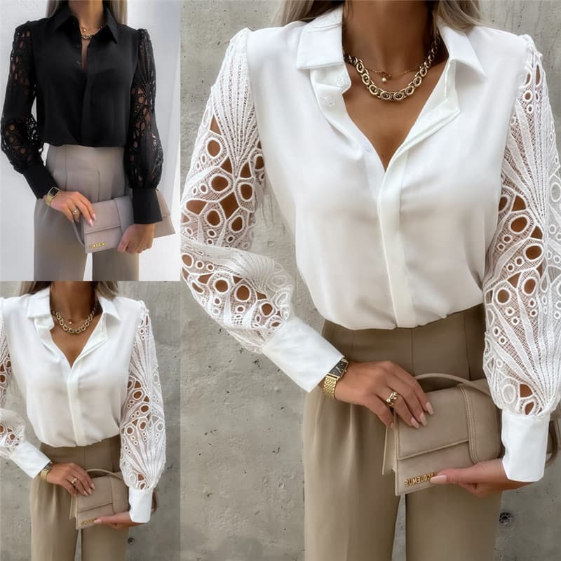 Women's spring and summer new hot-selling women's solid color lace stitching shirt women