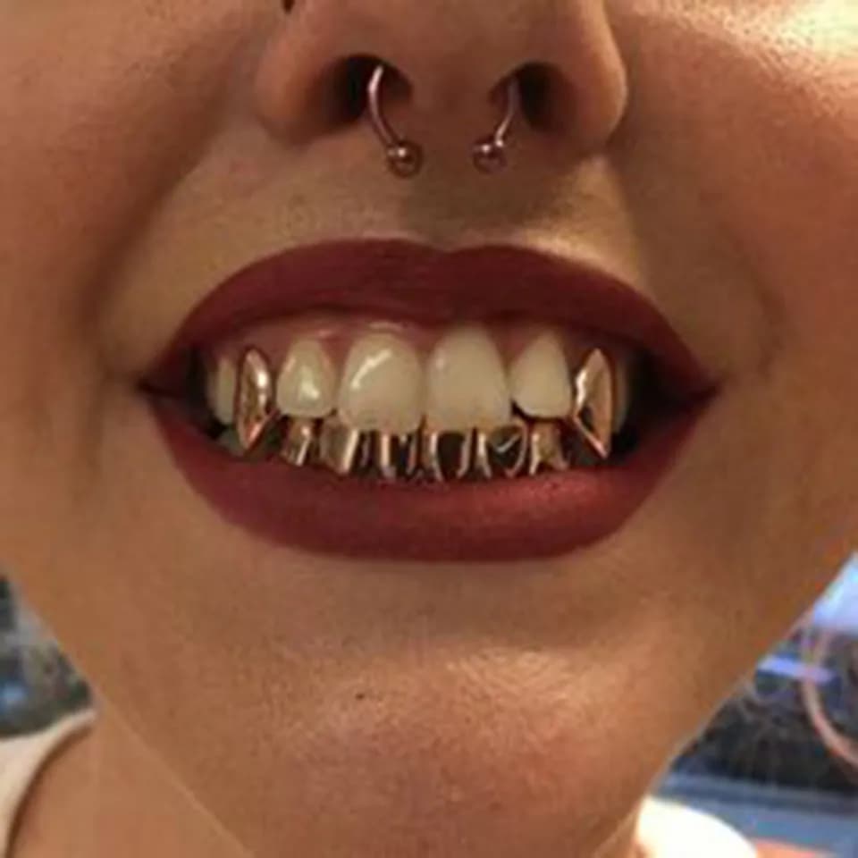 Real Gold Grillz Dental Mouth Fang Grills Braces Plain Punk Hiphop Up 2 Bottom 6 Teeth Tooth Cap Cosplay Costume