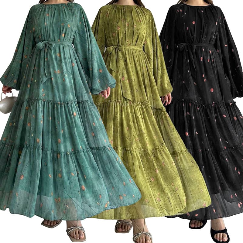 Women's Clothing Ladies New Muslim Chiffon Belt Robe Fashion Elegant Dress