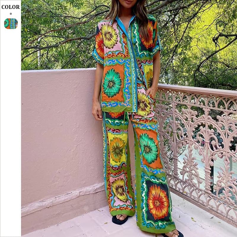 Audday M Fashion Personality Printed Short Sleeve Vacation Casual Loose Two-piece Suit