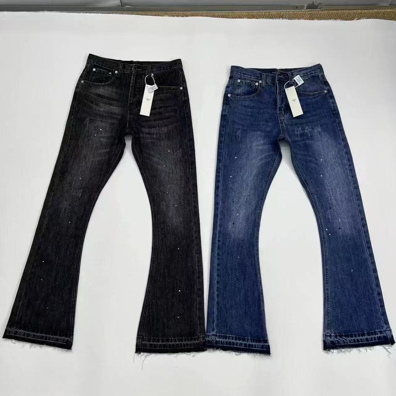 Black Grey Splatter Fringe Distressed Flared Jeans High Street Vibe Long Pants For Men Women