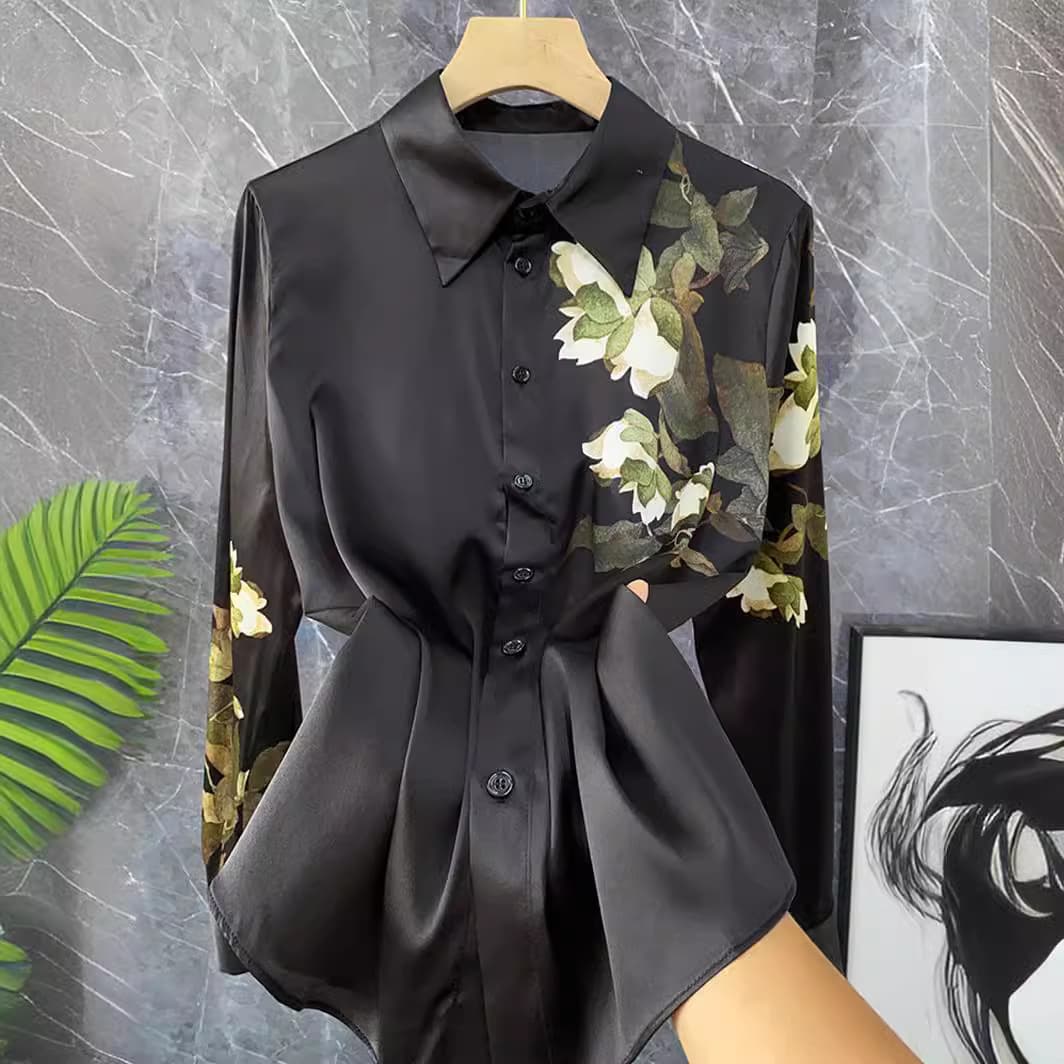 Retro Chinese style black printed top mulberry silk long sleeve shirt