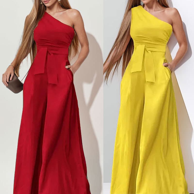 2026 Spring New Fashion Solid Color Waist Oblique Collar Tie Irregular Jumpsuit Women