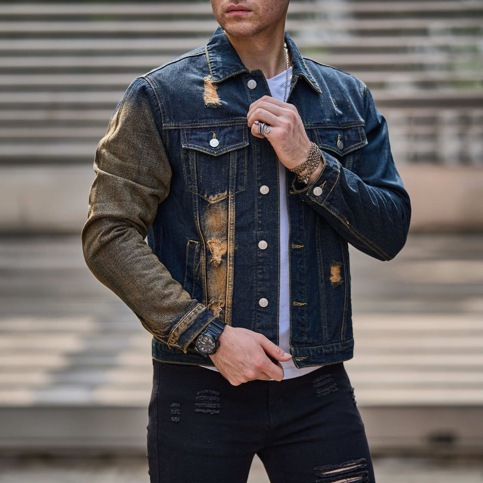 ​​Men’s Slim Fit Ripped Denim Jacket – Distressed Vintage Style, Sizes S-XXL​​