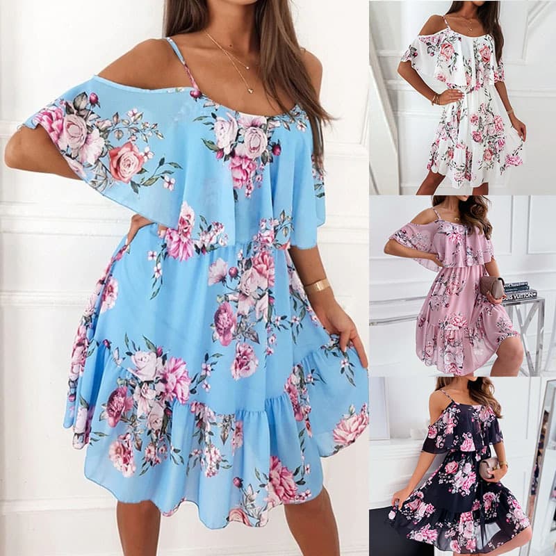 Women's Clothing 2023 new spring chiffon printed off-shoulder sexy dress fashion dress