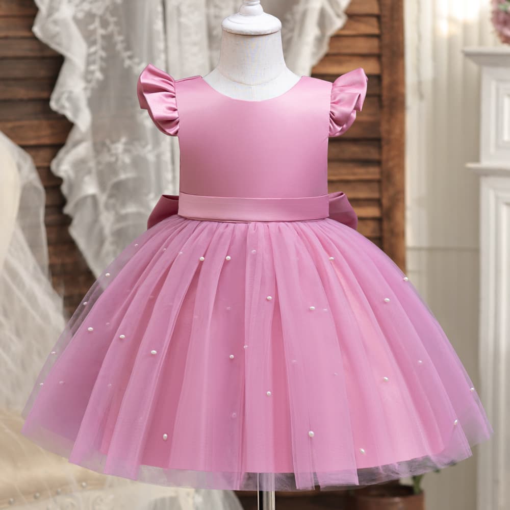 Kids' Clothing Girls Dress Flying Sleeve Pearl Mesh Princess Dress Backless Bowknot Piano Performance Costume
