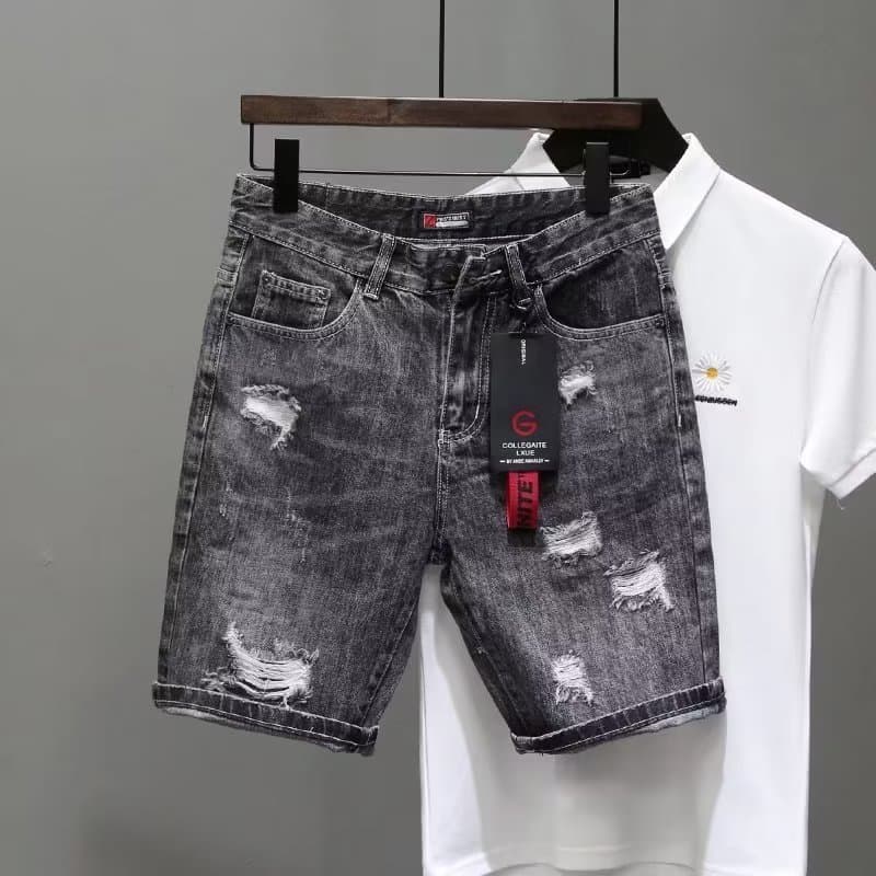 Denim shorts men's Instagram summer thin Korean version trendy slim fit black gray beggar scratch hole five piece pants