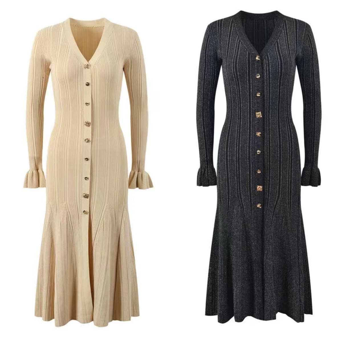 Women's Clothing Waist Long Skirt Female Gold Line V Neck Gold Button Single Breasted Skirt 2024 Autumn And Winter New Ladies Slim Knitted Skirt