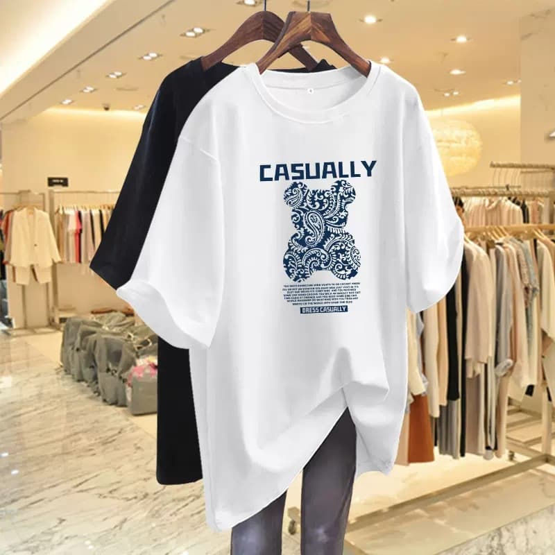 ​​Oversized Bear Print Cotton Tee – Hip-Length Loose Fit T-Shirt For Women | 6 Colors (M-XXXL)​​