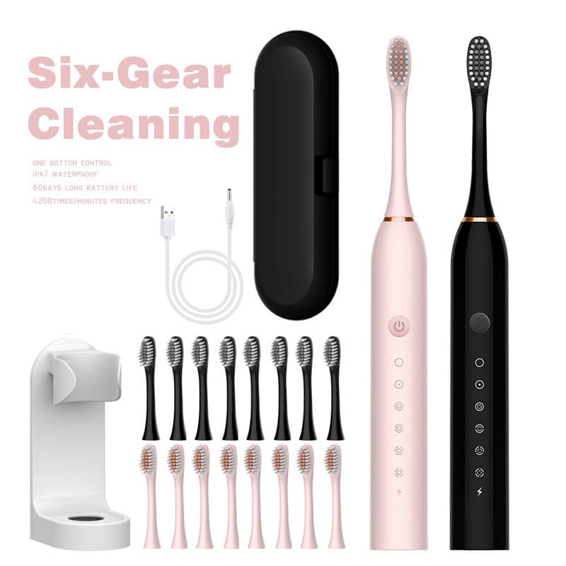 6 Speed Sonic Electric Toothbrush USB Rechargeable Portable Waterproof Soft Bristle Couple's Travel Toothbrush Set