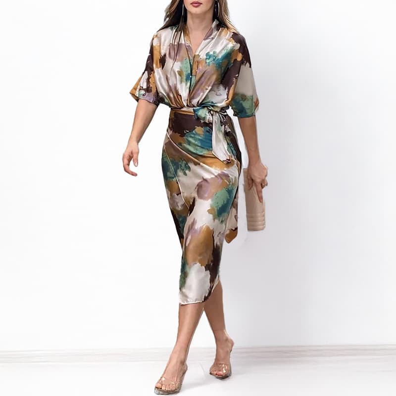 Spring Floral Print V-Neck Wrap Waist Elegant Dress For Women - Slim Fit Midi Dress With Short Sleeves, S-3XL