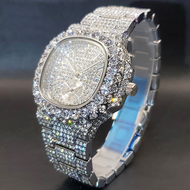 Men's Luxury Diamond Iced Hip Hop Party Quartz Watch With Full Diamond Dual Dial Stainless Steel Case Mineral Crystal Full Diamond Double Dial Watch