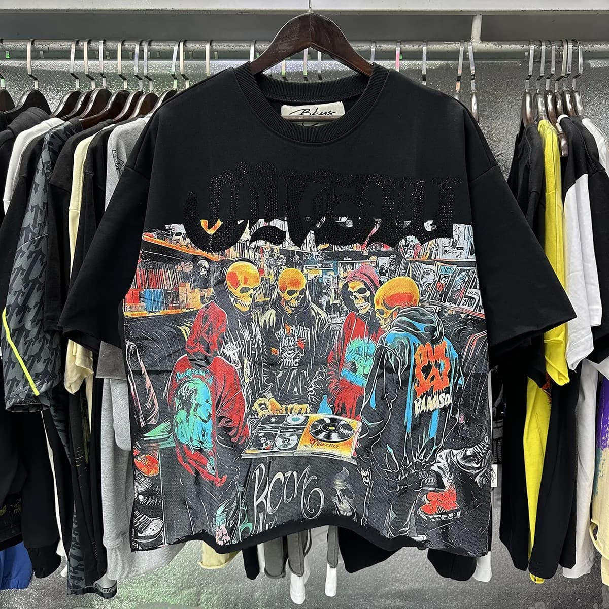 T-shirts pour hommes BKYS, imprimé losanges rétro graffiti squelette diable, coton noir délavé, manches courtes, coupe ample.