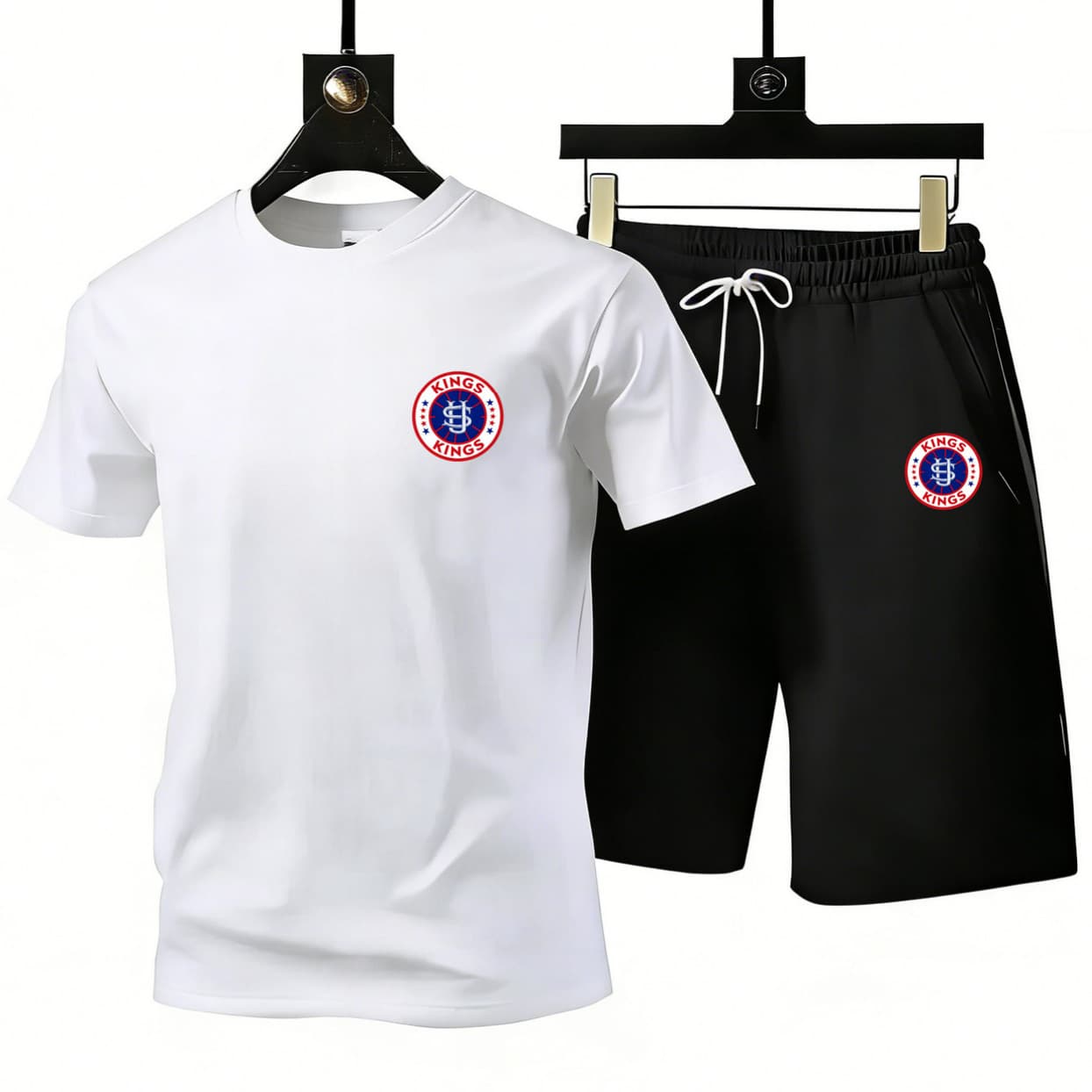 Men's Kings Logo Print T-Shirt & Shorts Set – Summer Casual Sportswear (Navy/Black/White, S-3XL)