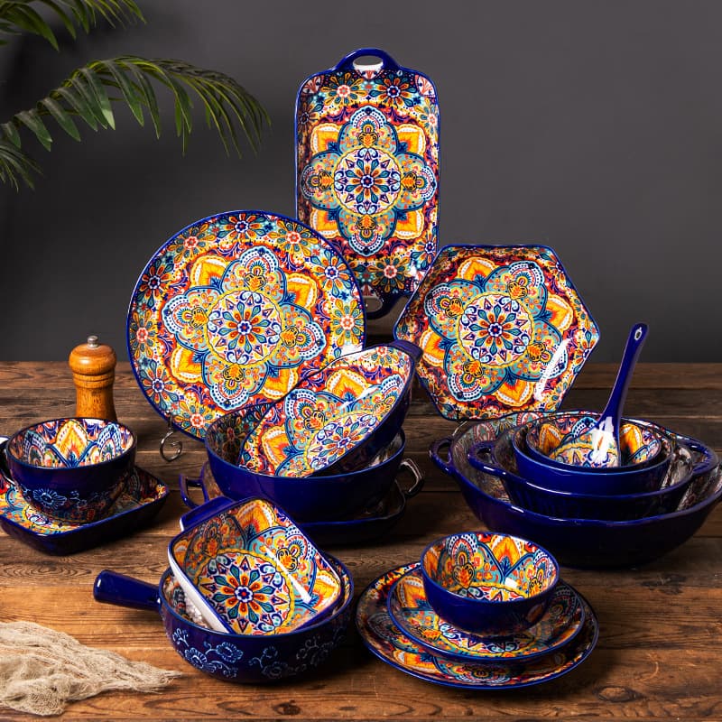 Bohemian Ceramic Dinnerware Set - Underglaze Hand-Painted Bowls & Plates With Handles Vintage Style For Home & Restaurant