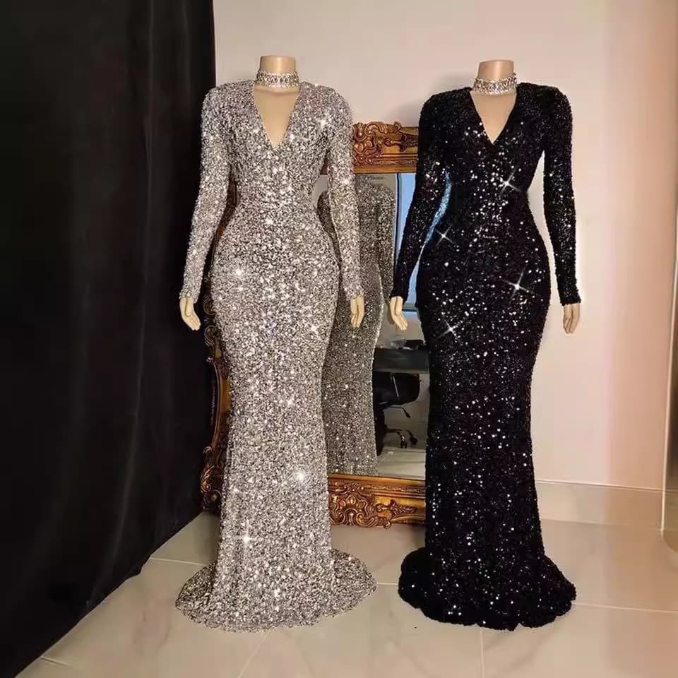 Women's Clothing Evening Dress 2024 New Sequined V Neck Long Sleeves Host Performance Banquet High End Sexy Tail Tight
