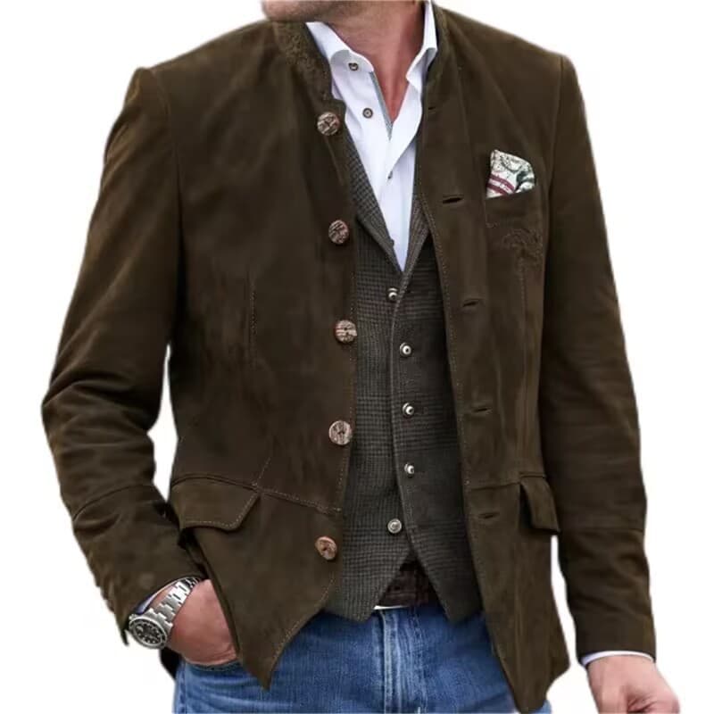 Veste homme en daim avec col montant boutonné, coupe slim décontractée pour le printemps/automne, le bureau et l'extérieur (marron foncé)