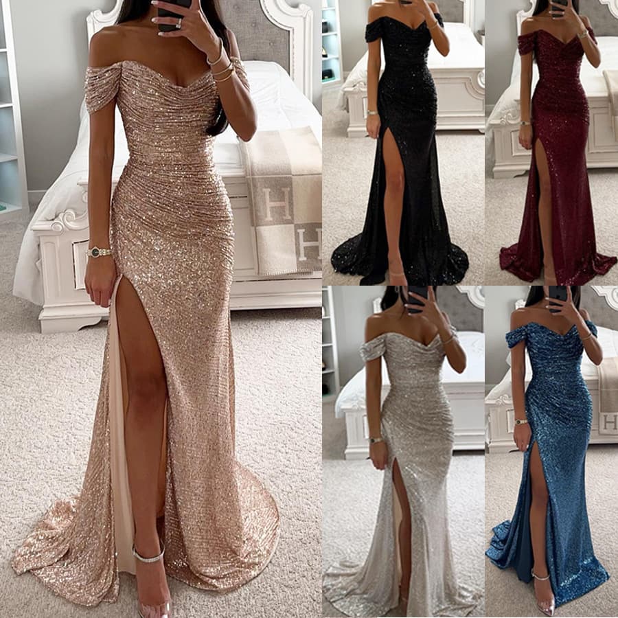 Women's Clothing Party sequin one-line neck split dress Casual fashion dress for women