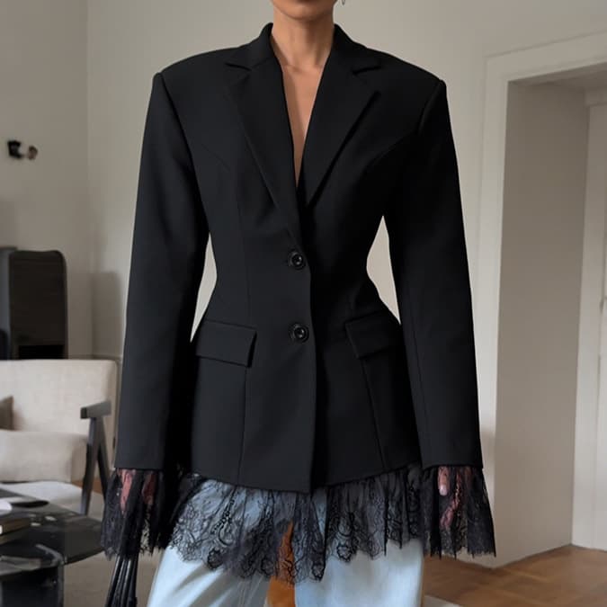 Gentle Style Niche Design Black Blazer For Women Autumn Versatile Waist-Cinching Long Sleeve Lace Patchwork Suit